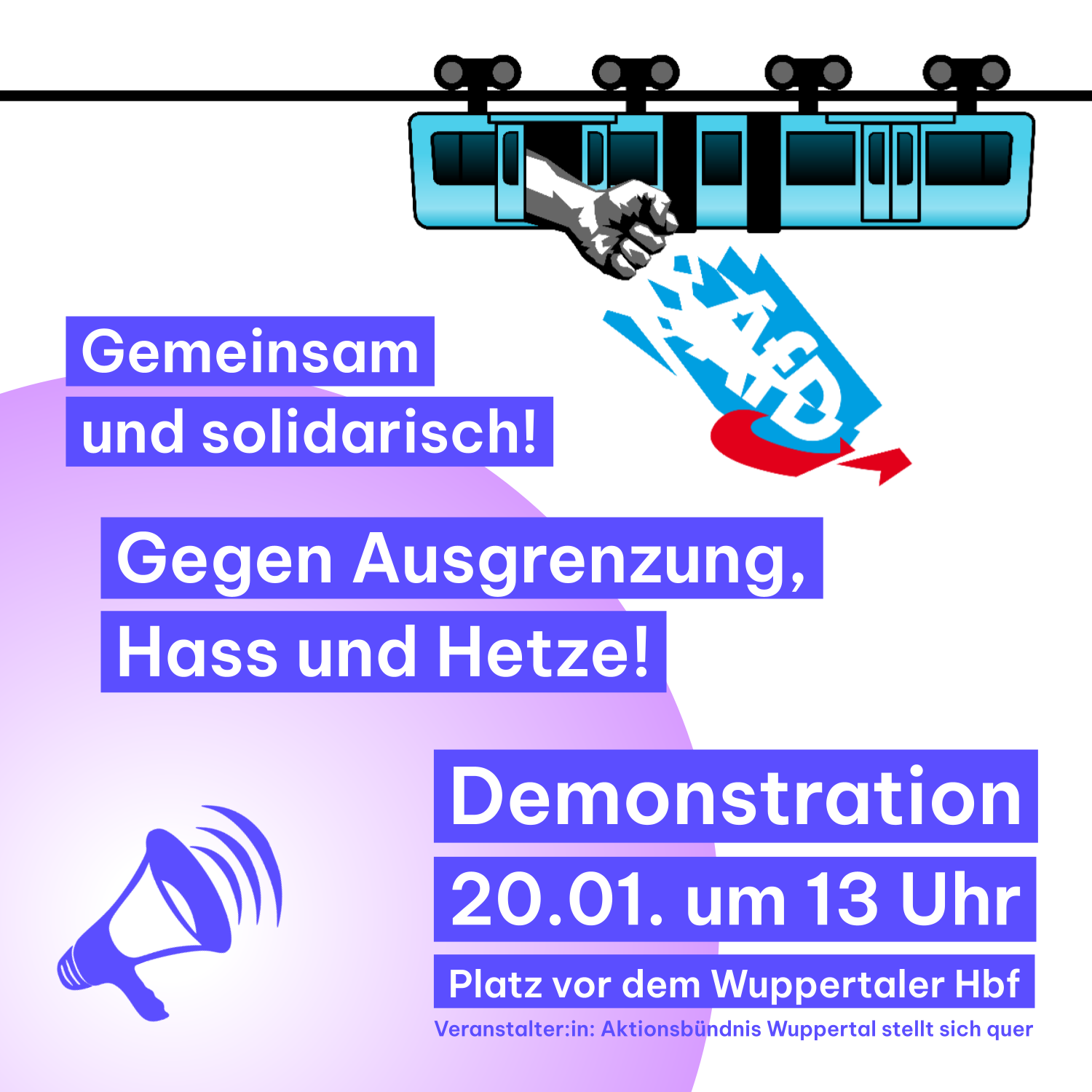 Aufruf: Kommt am 20.1. um 13 Uhr zum Hauptbahnhof Wuppertal und protestiert gegen rechts!